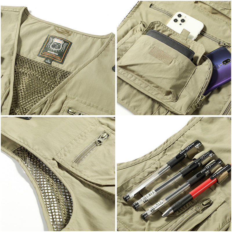 Men's Multi-Pocket Outdoor Vest with V-Neck and Mesh Back