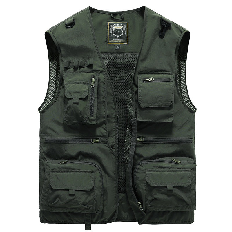Men's Multi-Pocket Outdoor Vest with V-Neck and Mesh Back