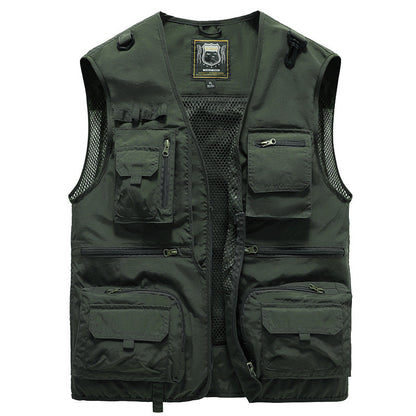 Men's Multi-Pocket Outdoor Vest with V-Neck and Mesh Back