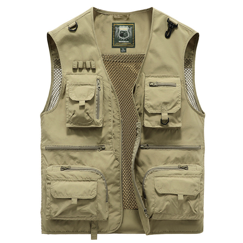 Men's Multi-Pocket Outdoor Vest with V-Neck and Mesh Back