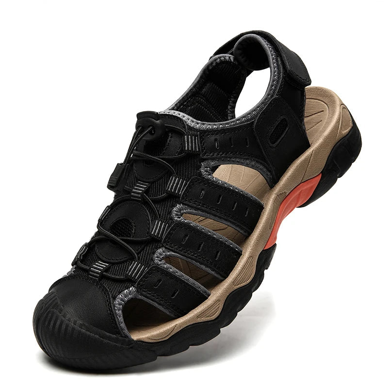 Men's Outdoor Hiking Sandals with Closed Toe and Elastic Lace Closure