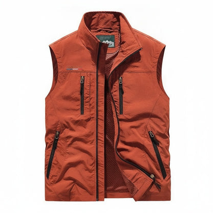 Men's Outdoor Vest with Stand Collar and Multi-Pocket Zip Closure