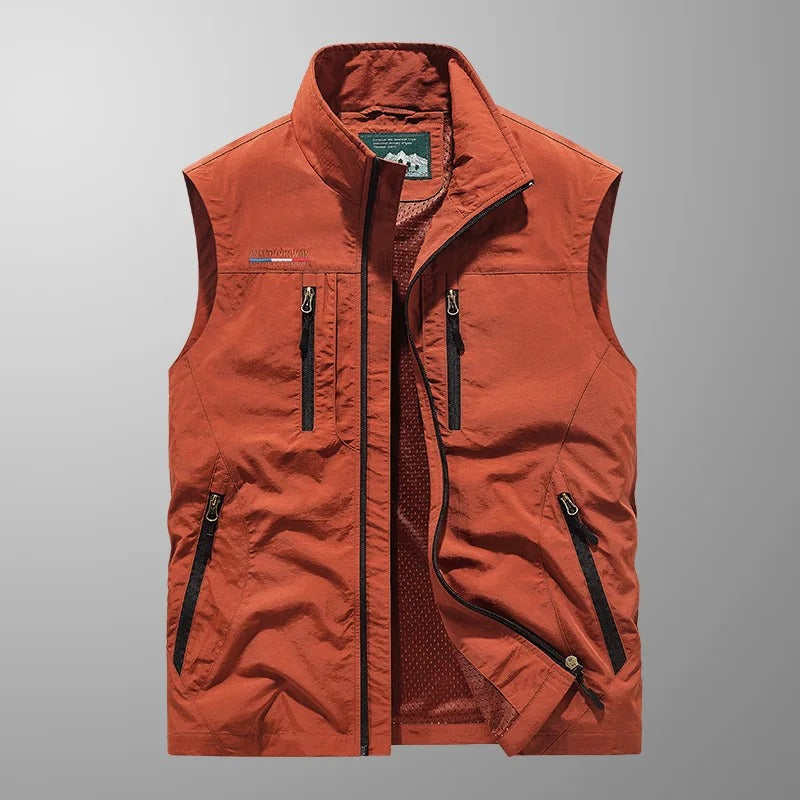 Men's Outdoor Vest with Stand Collar and Multi-Pocket Zip Closure