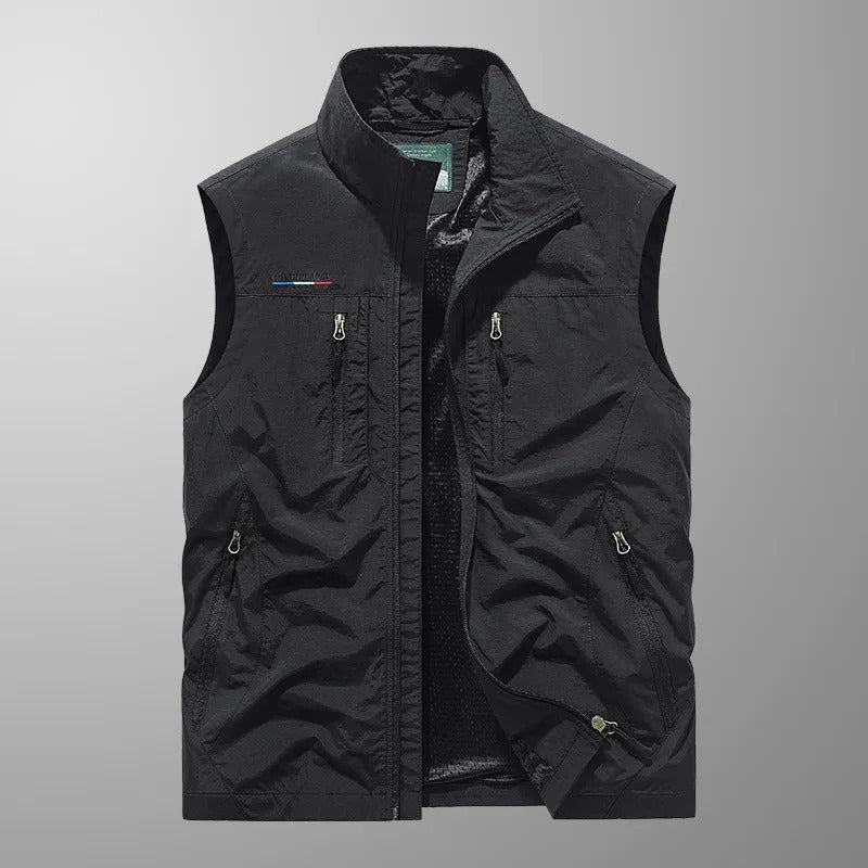 Men's Outdoor Vest with Stand Collar and Multi-Pocket Zip Closure