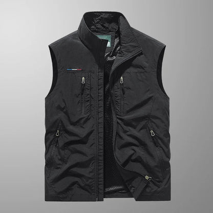 Men's Outdoor Vest with Stand Collar and Multi-Pocket Zip Closure