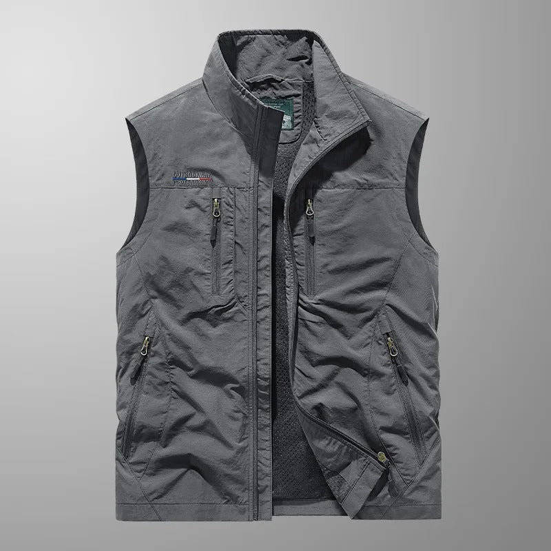 Men's Outdoor Vest with Stand Collar and Multi-Pocket Zip Closure
