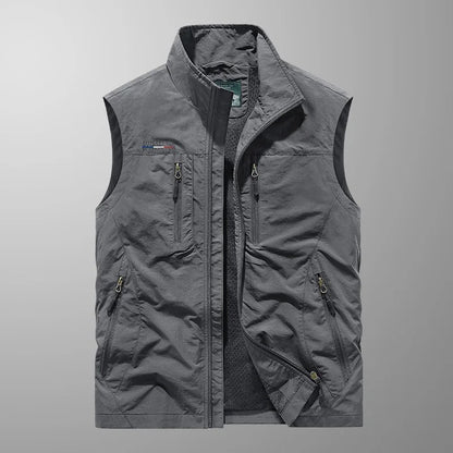 Men's Outdoor Vest with Stand Collar and Multi-Pocket Zip Closure