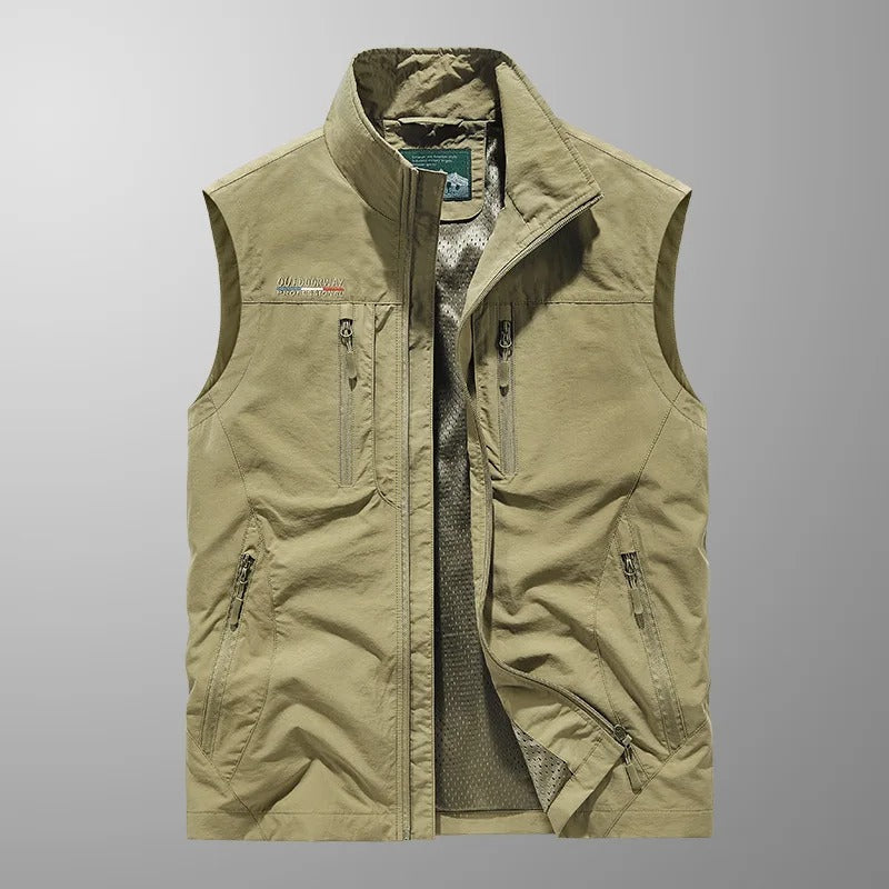 Men's Outdoor Vest with Stand Collar and Multi-Pocket Zip Closure