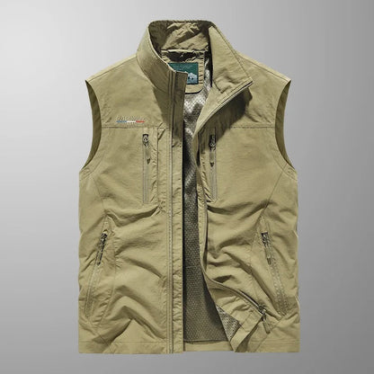 Men's Outdoor Vest with Stand Collar and Multi-Pocket Zip Closure