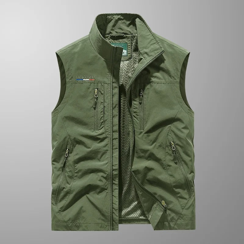 Men's Outdoor Vest with Stand Collar and Multi-Pocket Zip Closure