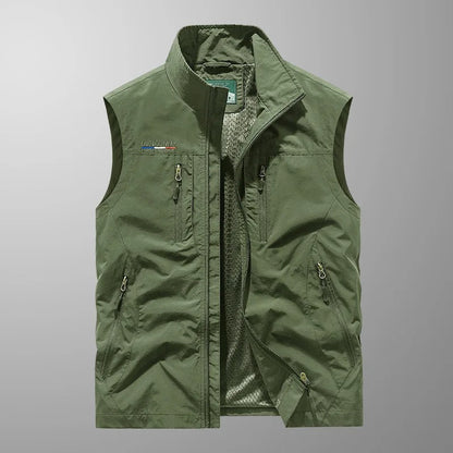 Men's Outdoor Vest with Stand Collar and Multi-Pocket Zip Closure