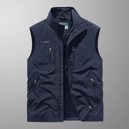 Men's Outdoor Vest with Stand Collar and Multi-Pocket Zip Closure