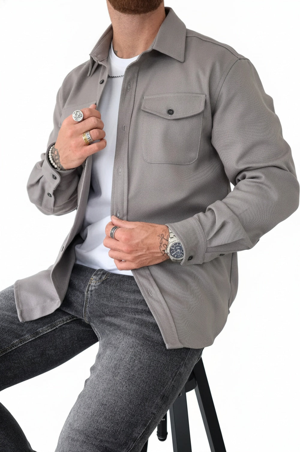 Men's Overshirt Long Sleeve with Chest Pockets and Button Closure