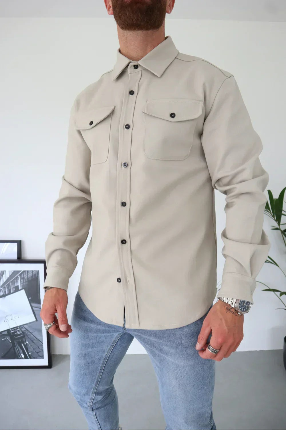 Men's Overshirt Long Sleeve with Chest Pockets and Button Closure