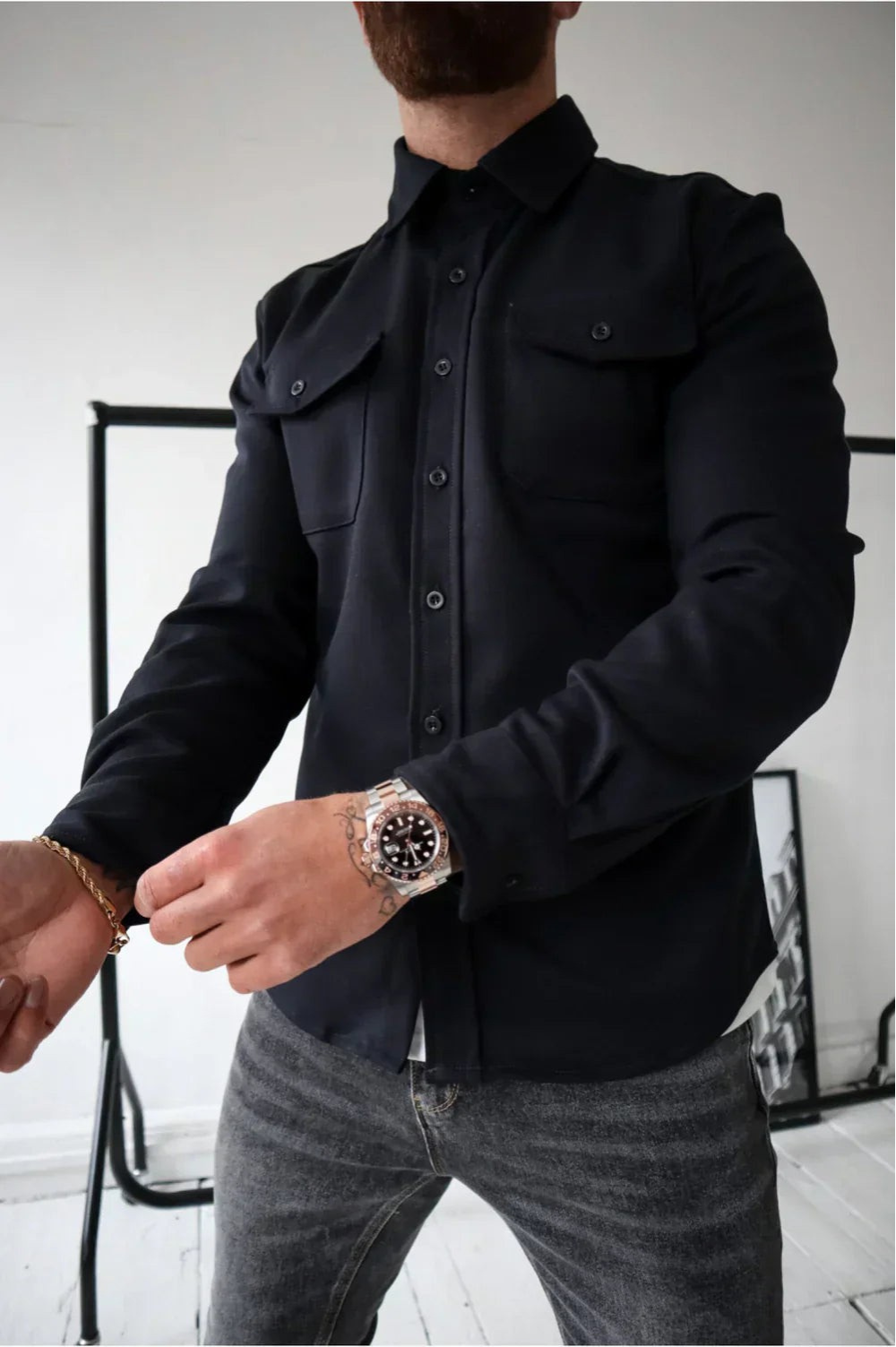 Men's Overshirt Long Sleeve with Chest Pockets and Button Closure
