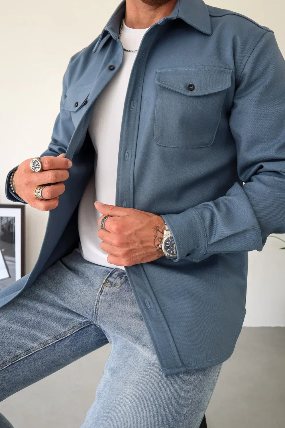 Men's Overshirt Long Sleeve with Chest Pockets and Button Closure