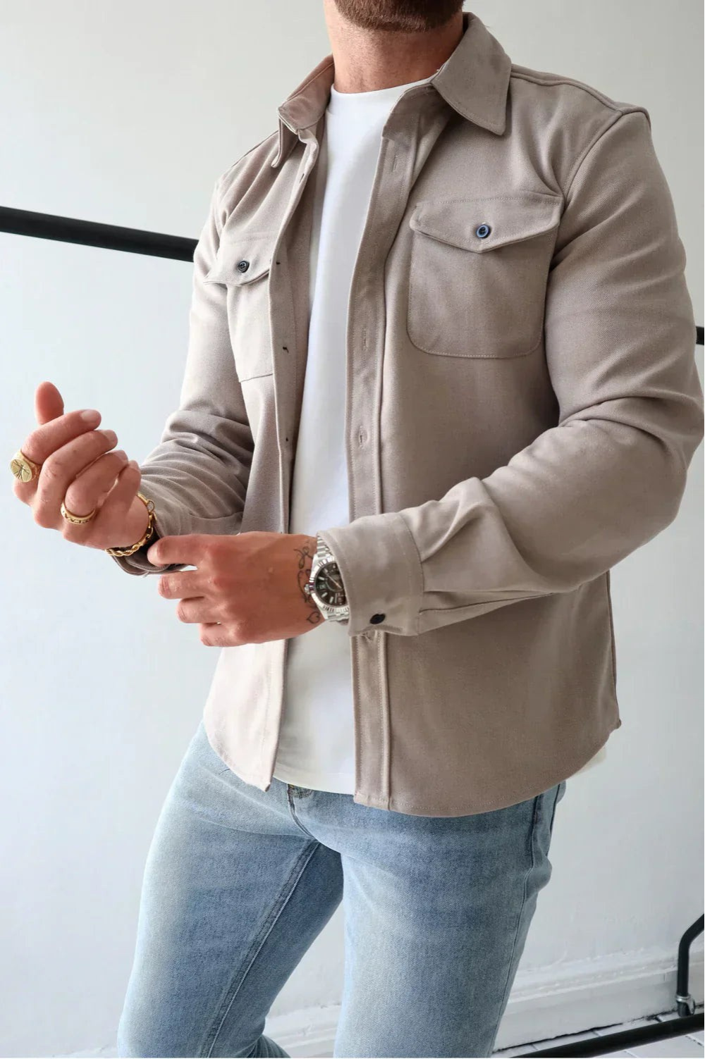 Men's Overshirt Long Sleeve with Chest Pockets and Button Closure