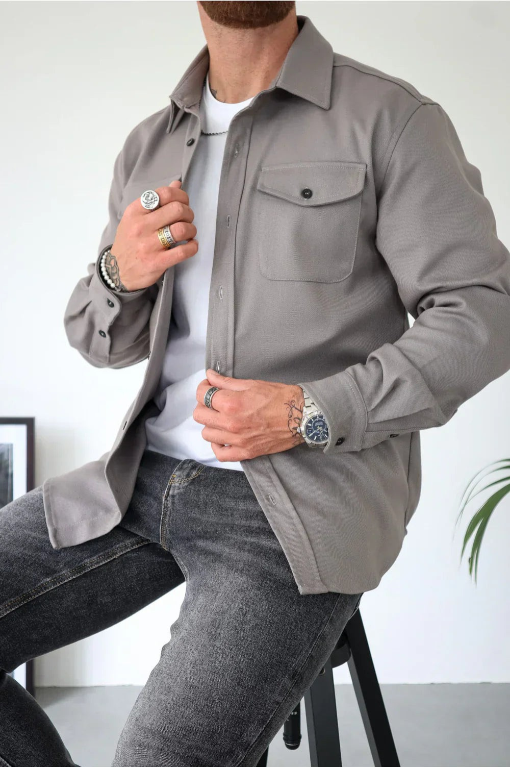 Men's Overshirt Long Sleeve with Chest Pockets and Button Closure