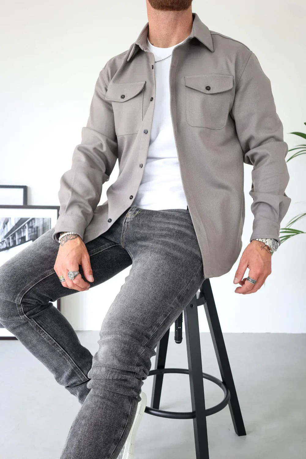 Men's Overshirt Long Sleeve with Chest Pockets and Button Closure