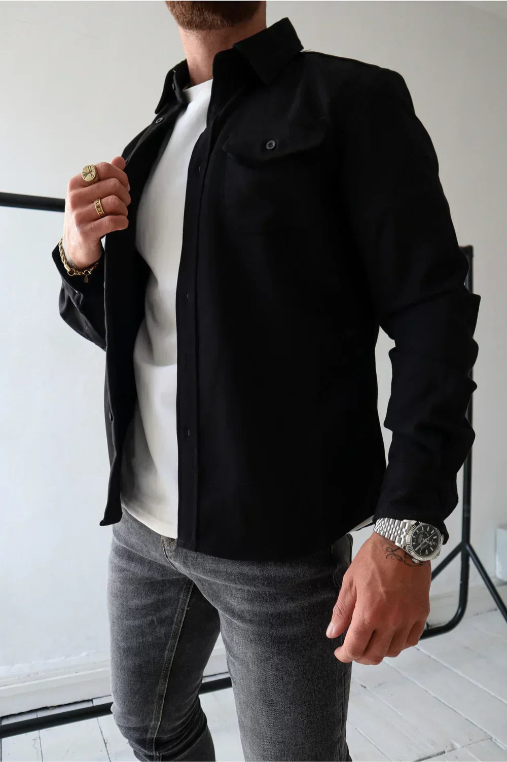 Men's Overshirt Long Sleeve with Chest Pockets and Button Closure