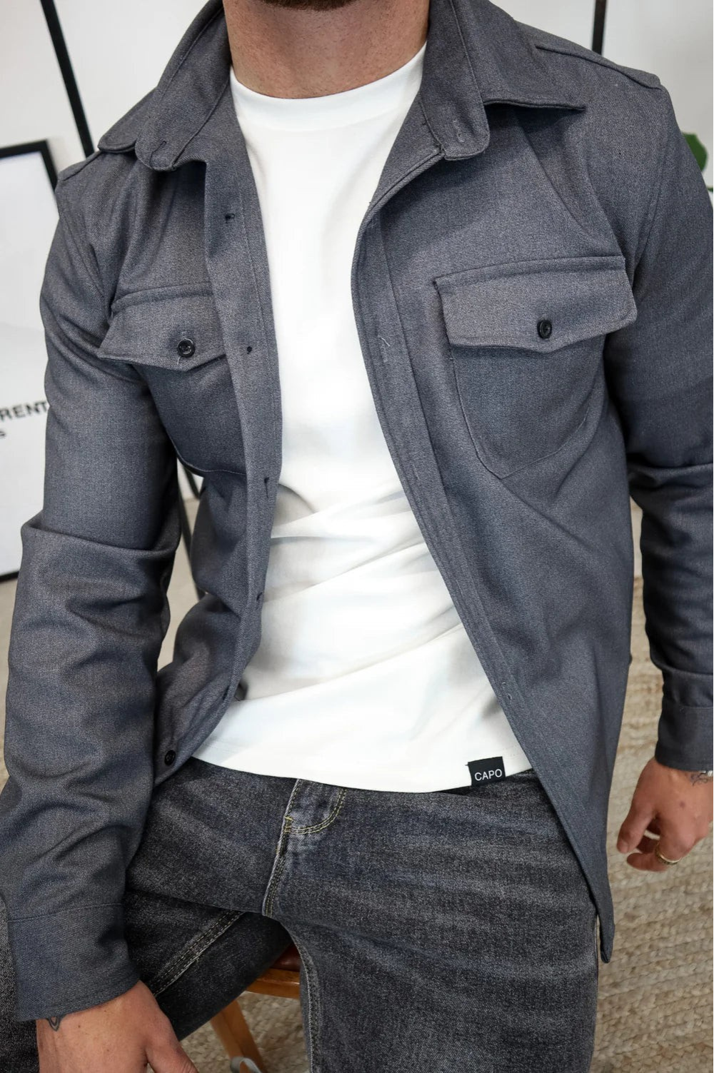Men's Overshirt Long Sleeve with Chest Pockets and Button Closure