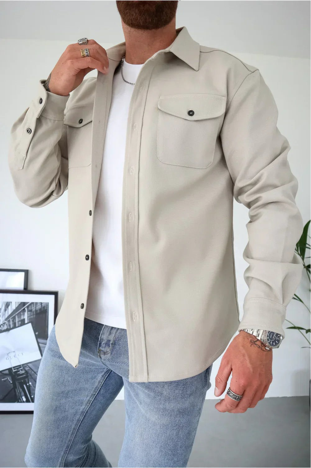 Men's Overshirt Long Sleeve with Chest Pockets and Button Closure