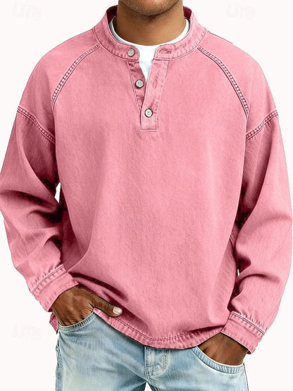 Men's Oversized Henley Sweatshirt with Stand Collar and Raglan Sleeves