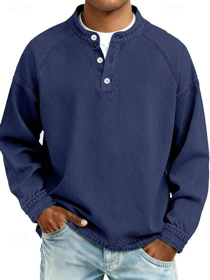 Men's Oversized Henley Sweatshirt with Stand Collar and Raglan Sleeves