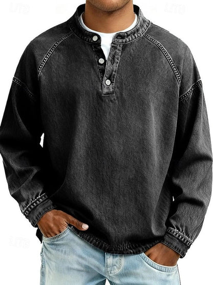 Men's Oversized Henley Sweatshirt with Stand Collar and Raglan Sleeves