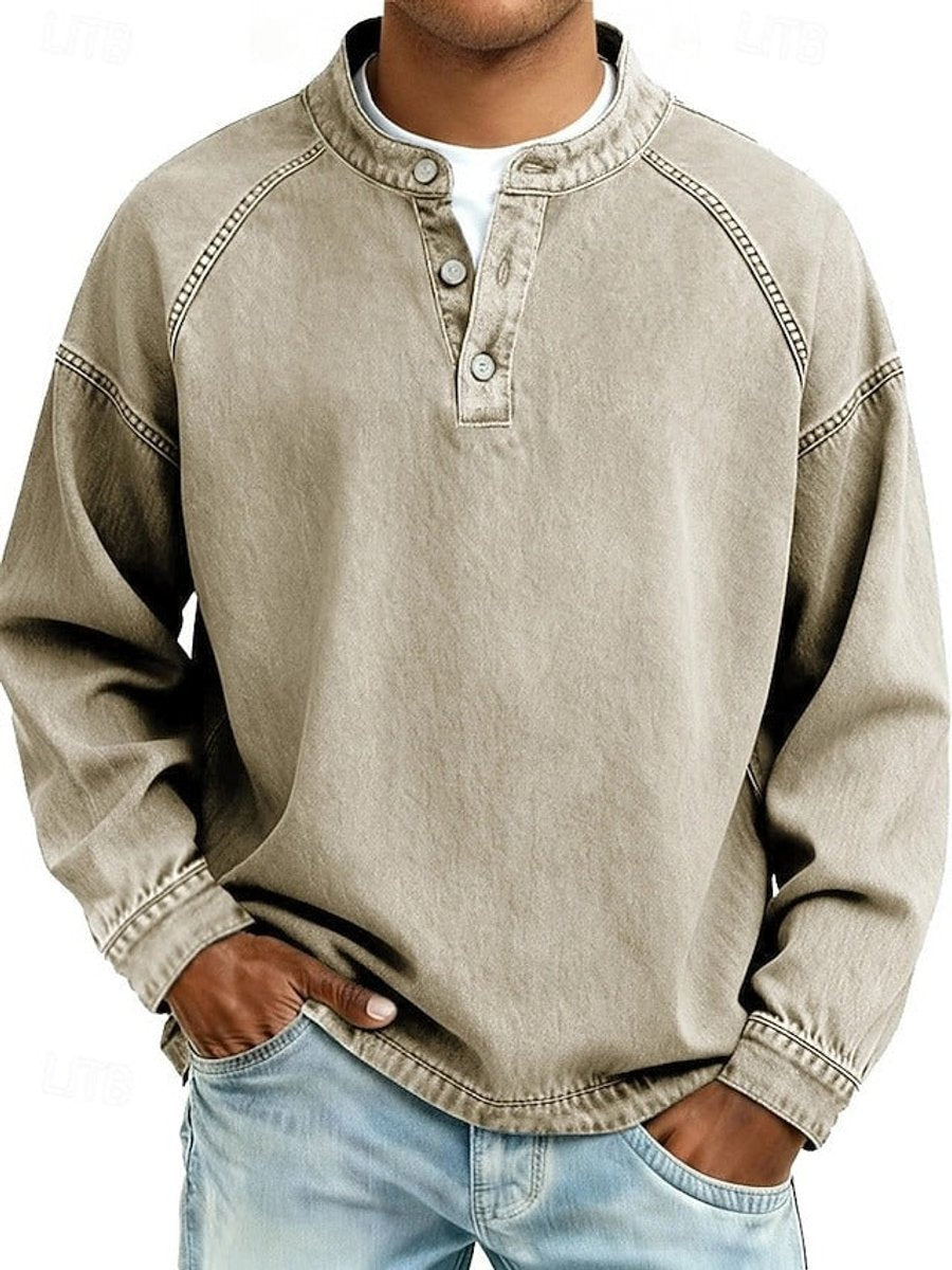 Men's Oversized Henley Sweatshirt with Stand Collar and Raglan Sleeves