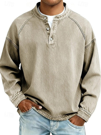 Men's Oversized Henley Sweatshirt with Stand Collar and Raglan Sleeves