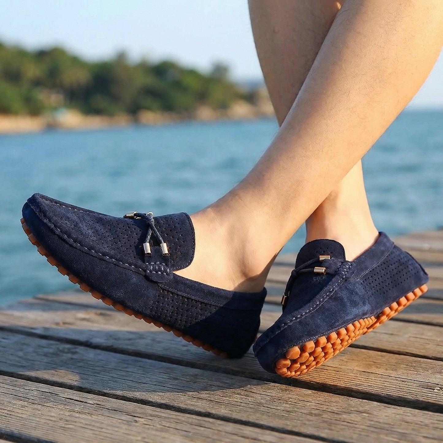 Men's Perforated Slip-On Loafers with Contrast Sole and Metallic Detail