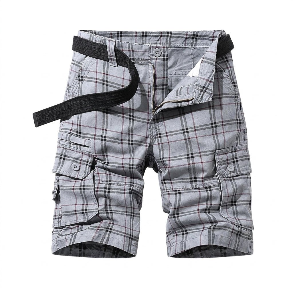 Men's Plaid Cargo Shorts with Side Pockets and Leg Pockets