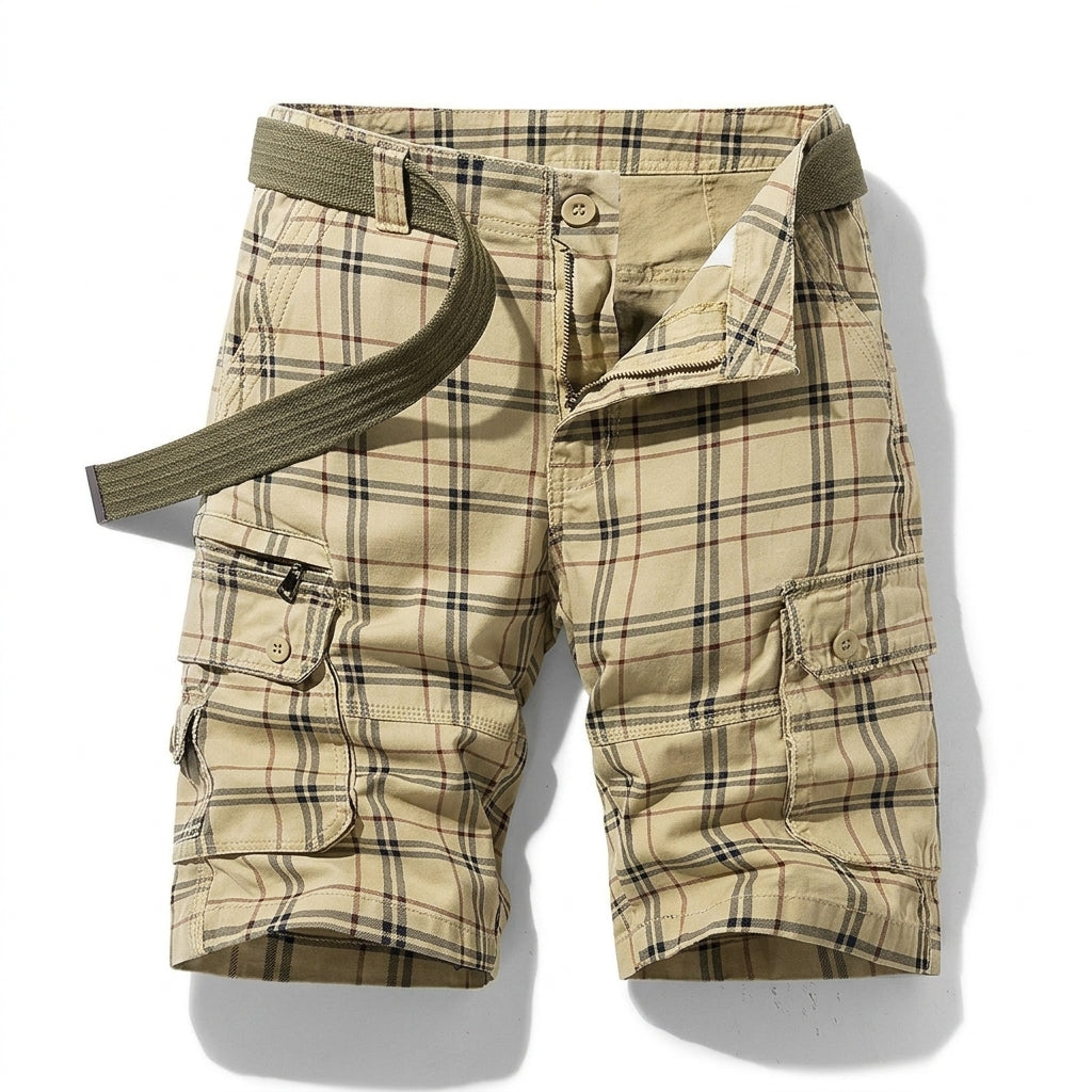 Men's Plaid Cargo Shorts with Side Pockets and Leg Pockets