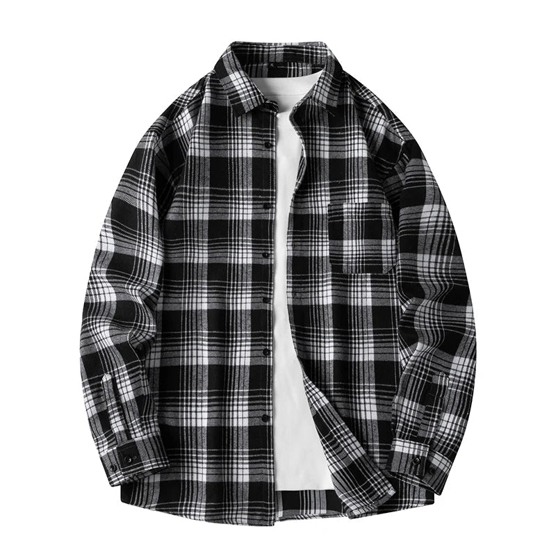 Men's Plaid Shirt Long Sleeve with Button Front and Chest Pocket