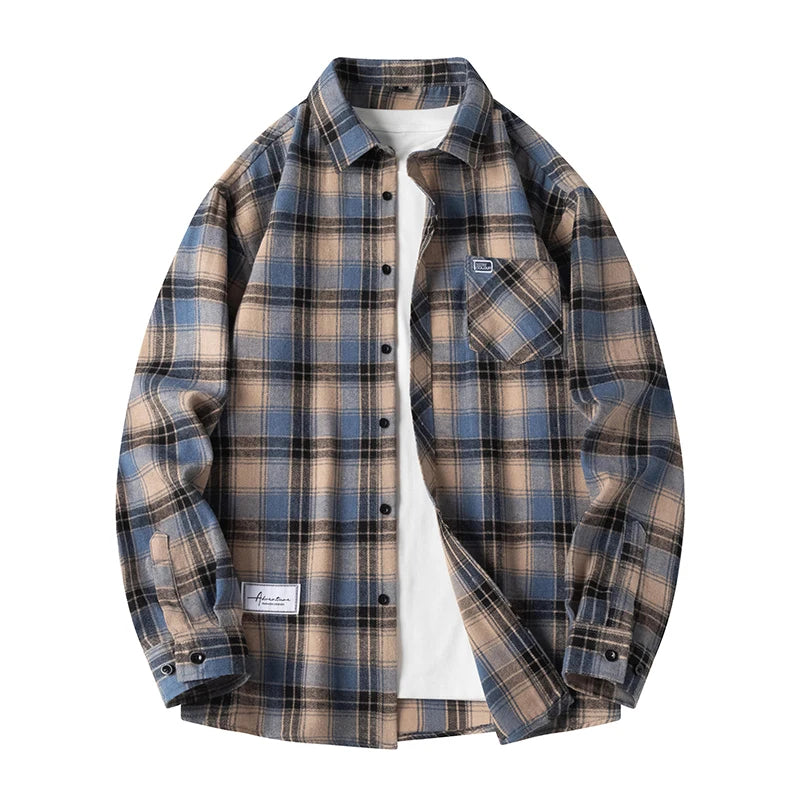 Men's Plaid Shirt Long Sleeve with Button Front and Chest Pocket