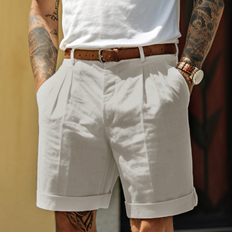 Men's Pleated Chino Shorts with Turn-Up Hem and Side Pockets