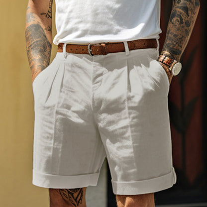 Men's Pleated Chino Shorts with Turn-Up Hem and Side Pockets