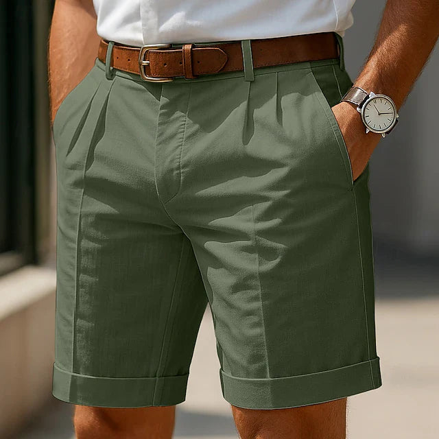 Men's Pleated Chino Shorts with Turn-Up Hem and Side Pockets