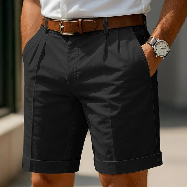 Men's Pleated Chino Shorts with Turn-Up Hem and Side Pockets
