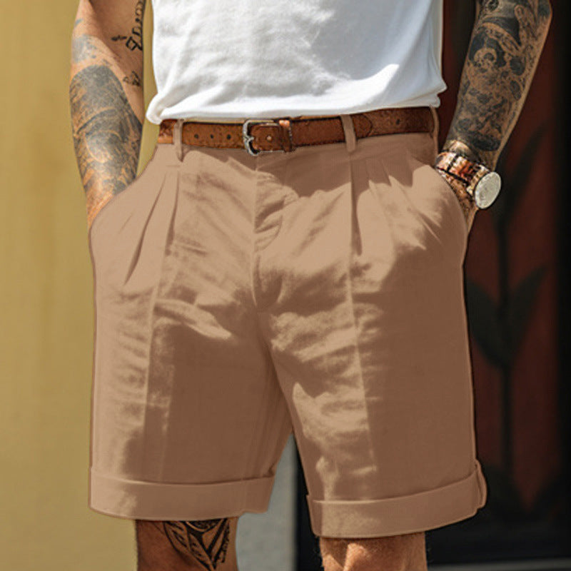 Men's Pleated Chino Shorts with Turn-Up Hem and Side Pockets