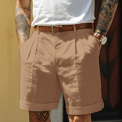 Men's Pleated Chino Shorts with Turn-Up Hem and Side Pockets