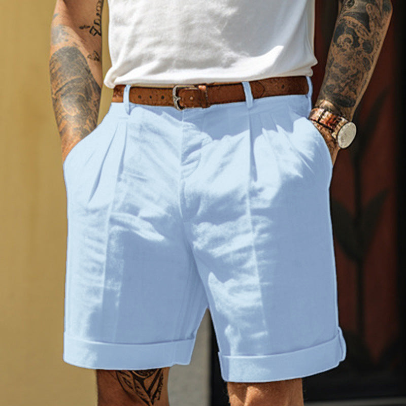 Men's Pleated Chino Shorts with Turn-Up Hem and Side Pockets
