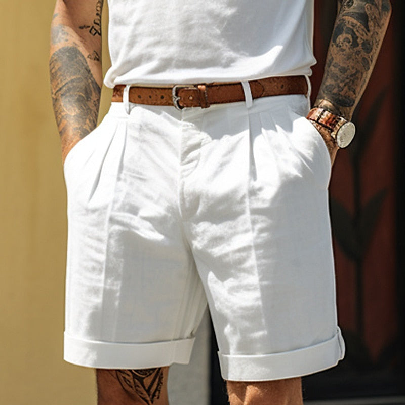 Men's Pleated Shorts with Relaxed Fit and Rolled Cuffs
