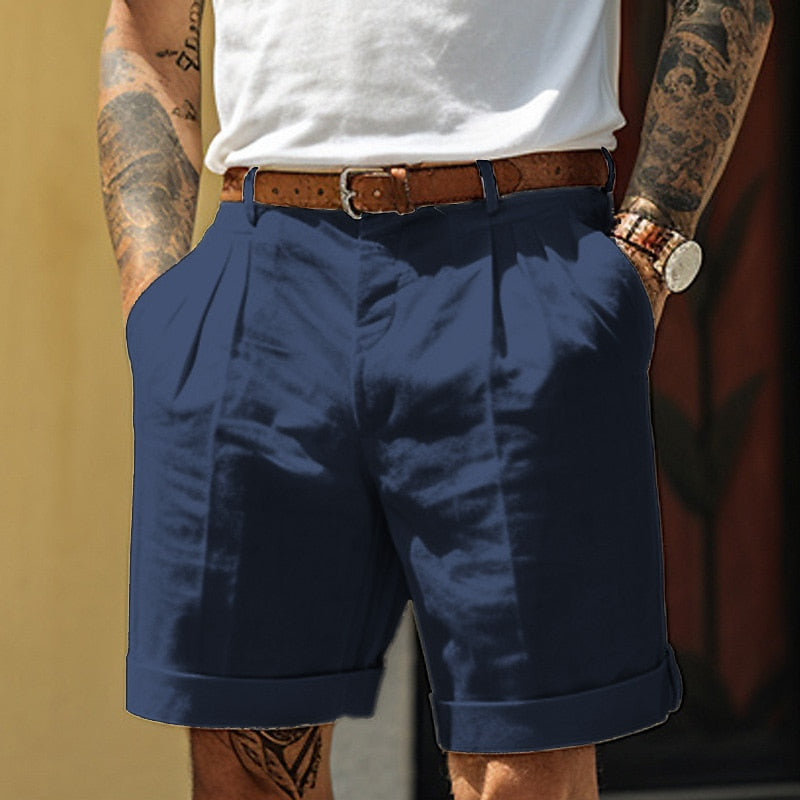 Men's Pleated Shorts with Relaxed Fit and Rolled Cuffs