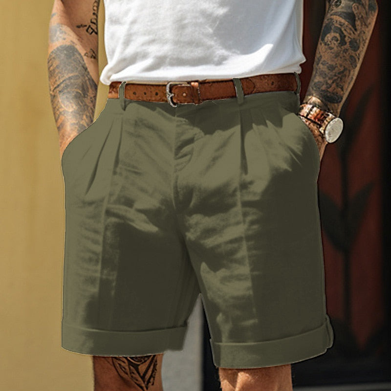 Men's Pleated Shorts with Relaxed Fit and Rolled Cuffs