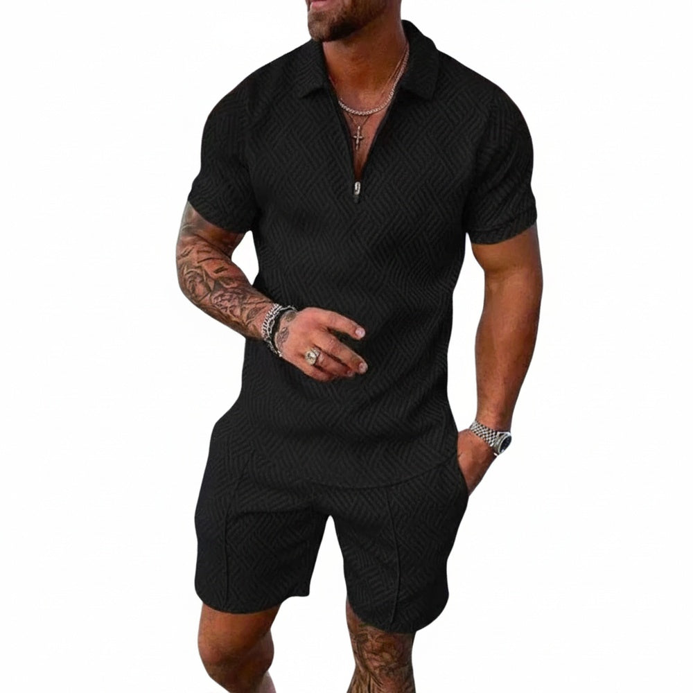 Men's Polo Shirt and Shorts Clothing Set with Zip Collar and Geometric Texture