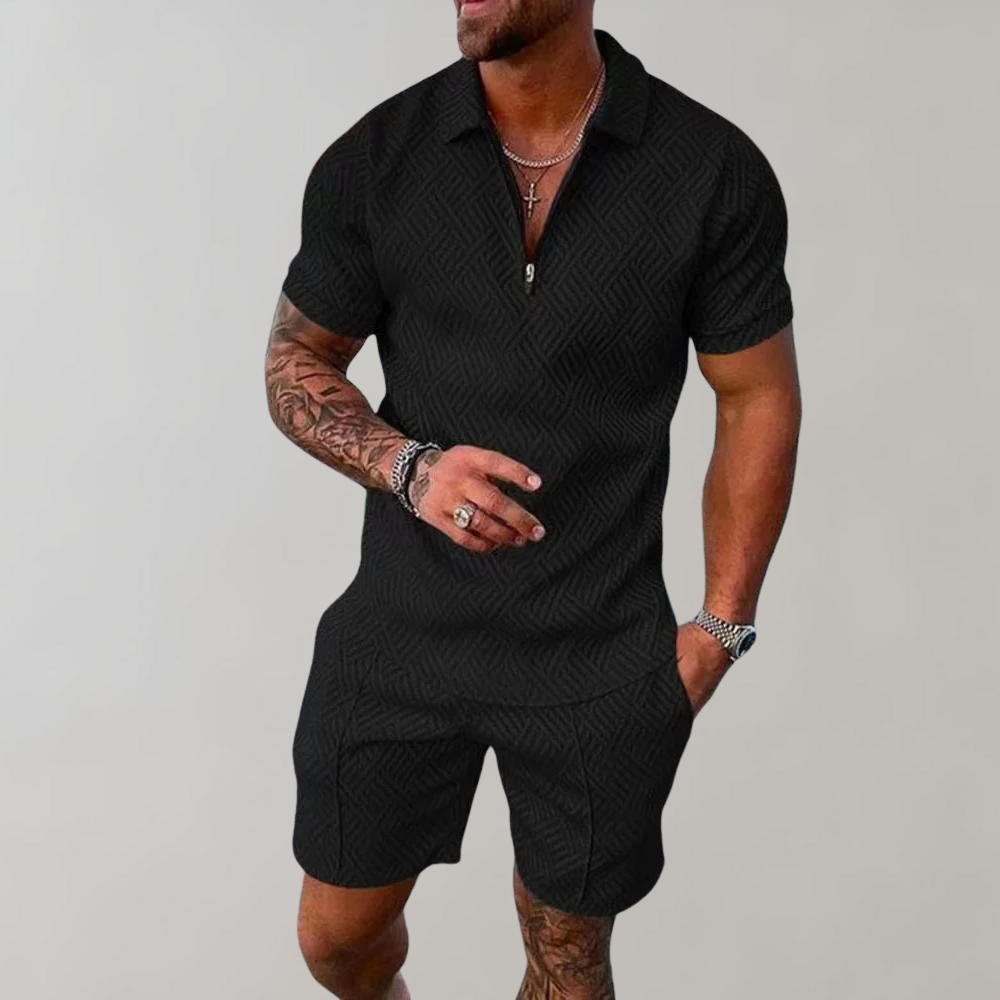 Men's Polo Shirt and Shorts Clothing Set with Zip Collar and Geometric Texture