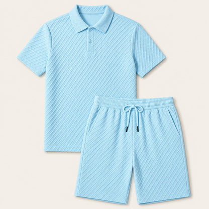 Men's Polo Shirt and Shorts Set Short Sleeve with Textured Jacquard Pattern