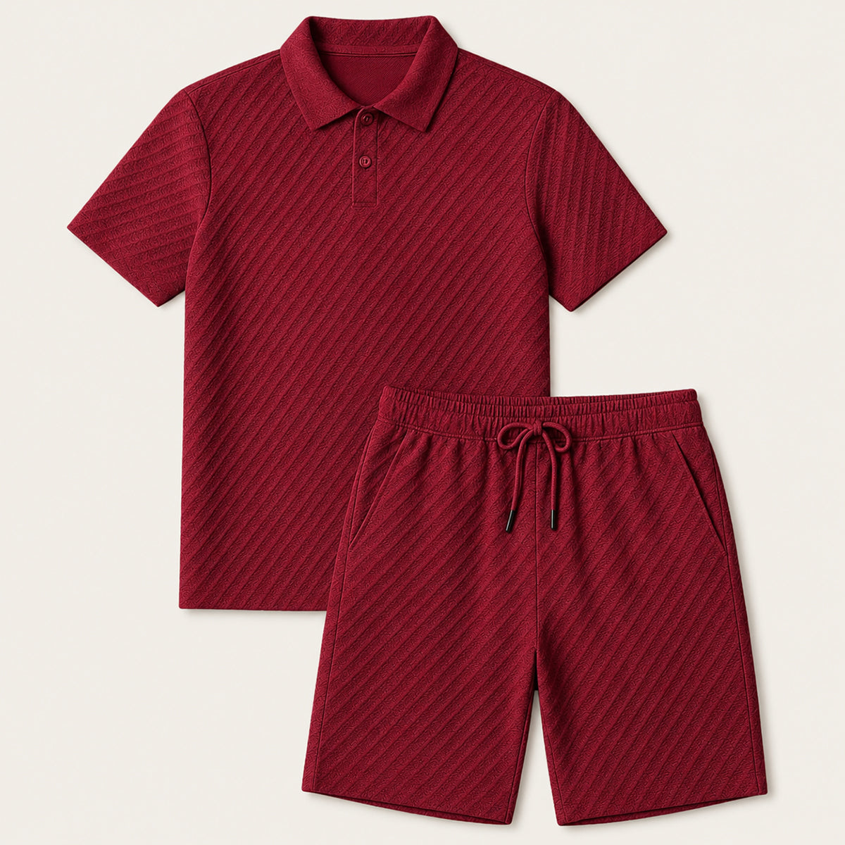 Men's Polo Shirt and Shorts Set Short Sleeve with Textured Jacquard Pattern